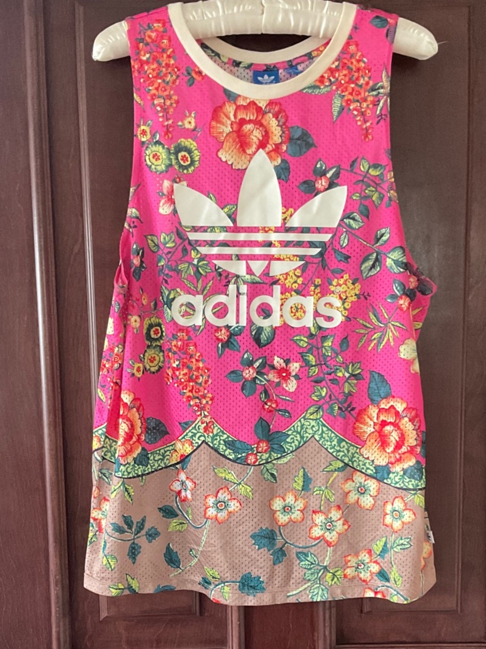 adidas Bright Pink Floral Trefoil Mesh Tank